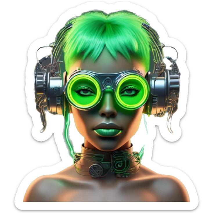 Neon green bobbed hair Latina female cyborg head with silver steampunk goggles and circuits sticker