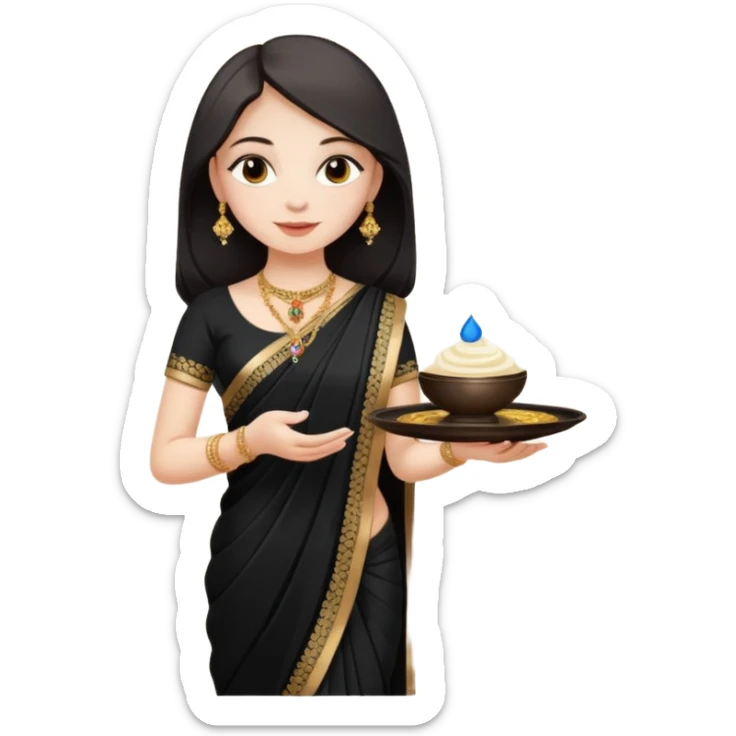 Russian girl in Indian black saree with full image from head to leg and holding a cream colour small tray in her both hands sticker