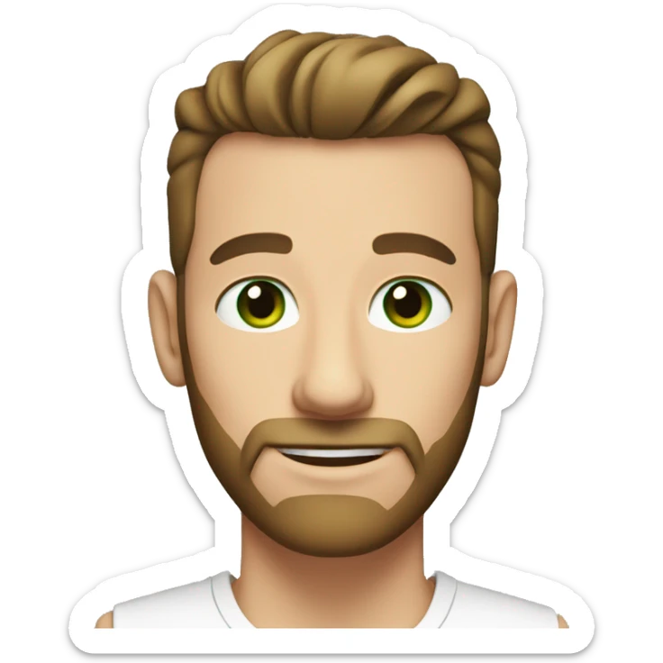 white man with short beard and a top knot brown hair. green eyes. slightly smiling. sticker