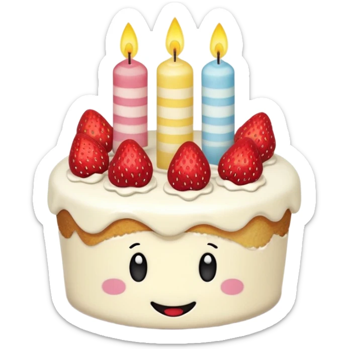 Jellycat vanilla cake with white frostting and strawberries on top with one candle with smiley face sticker