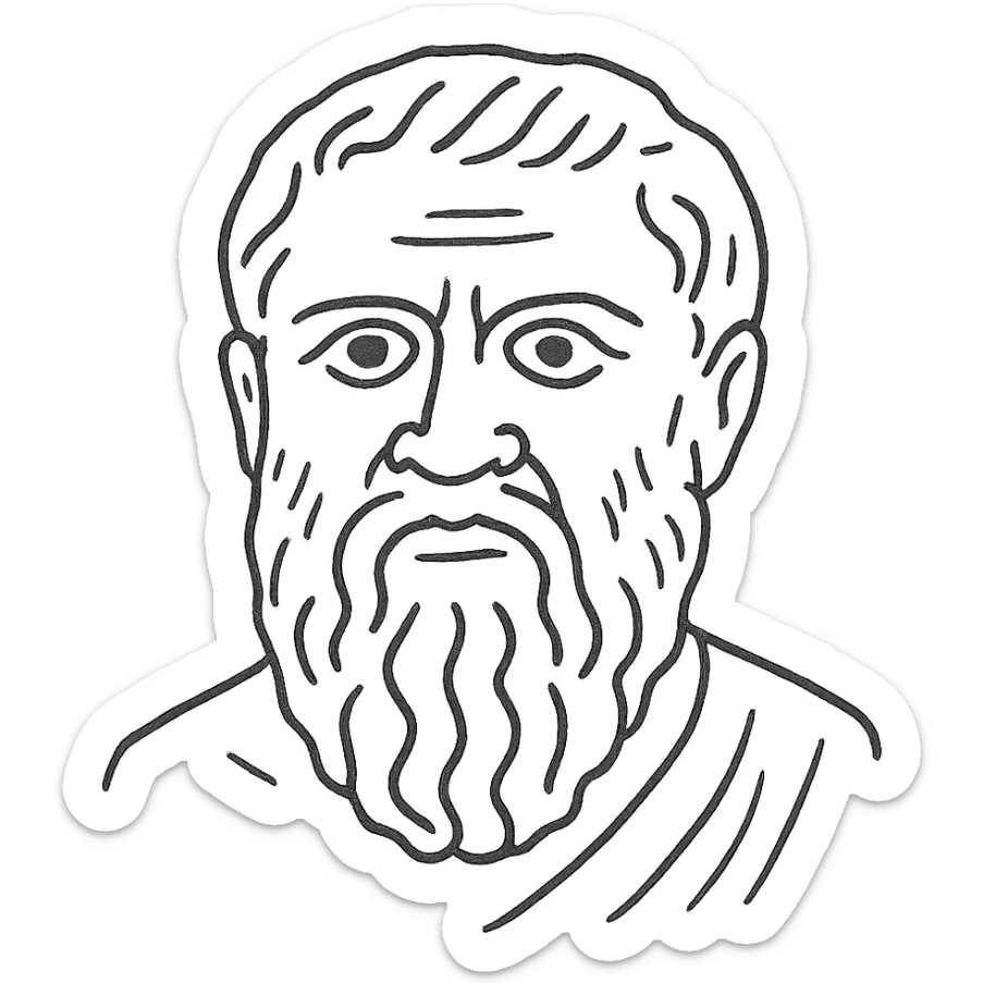 a hand drawn black outline portrait of Plato with similar-sized eyes based a famous portrait of him sticker