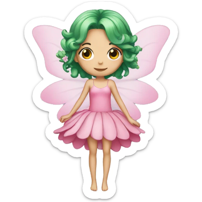 A skinny fairy, green hair, wings, pink dress with flowers  sticker