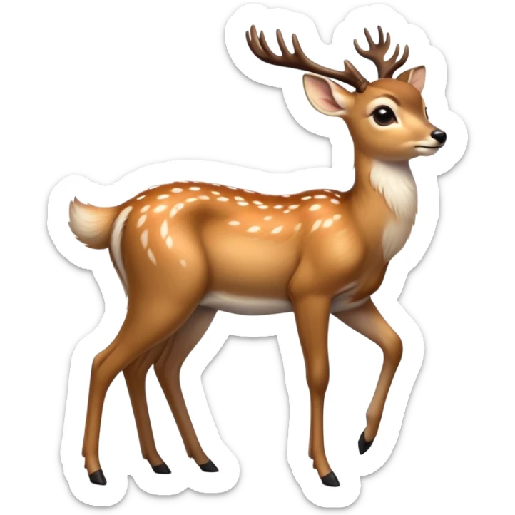 cinematic-[deer]-realistic-full-body-standing on all fours-emoji,-tail-tucked-close,-head-tilted-dramatically,-sleek-[fawn]-fur,-simplified-yet-realistic-focused-features,-highly-detailed,-glowing-with-an-almost-sarcastic-glow big antlers sticker