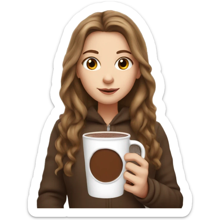 white girl with brown long hair and a hot chocolate sticker