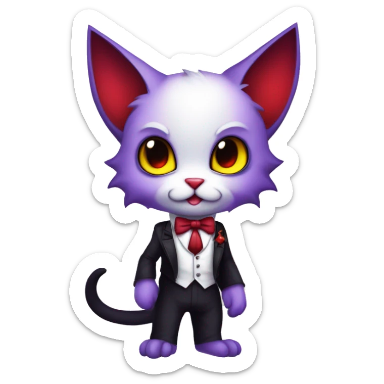 Cute-Evil-Vampiric-Batty-Cat-Black-Purple-Red-Yellow-Contrast-Colors-Fantasy-Fur-Sona-Chibi-Shiny-Fakémon-Hybrid with horns and big fangs neck bow white tie leg spats full body sticker