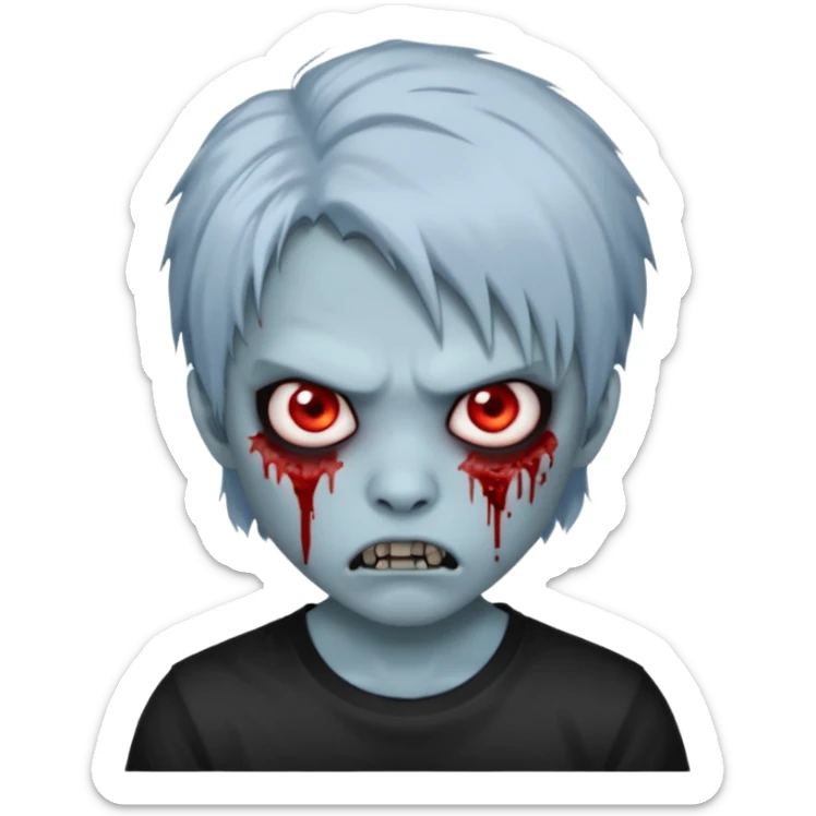  3D emoji-style avatar with very pale blue-grey zombie skin , a young Asian face, and large eyes with blood tears. Give it white litle bit messy mullet hair style , silver hoop earrings, and a plain black T-shirt. The face expression should be slightly angry, with vampire fang sticker