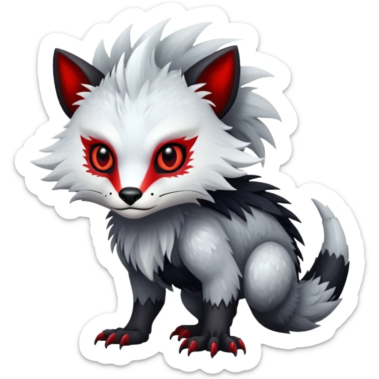 a white and silvery exotic edgy vernid-fionbr-Fakémon-creature, with black belly and red eyes, full body sticker