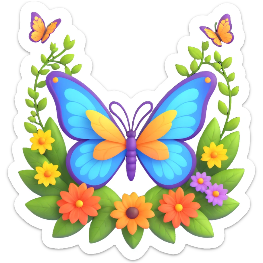 Add glowing leaves among the flowers and around the butterfly, maintaining the magical, 3D cartoon, digital fantasy art style. Keep the transparent background and all existing effects including flowers, glowing outlines, sparkling accents, magical particles, and elegant wings. sticker