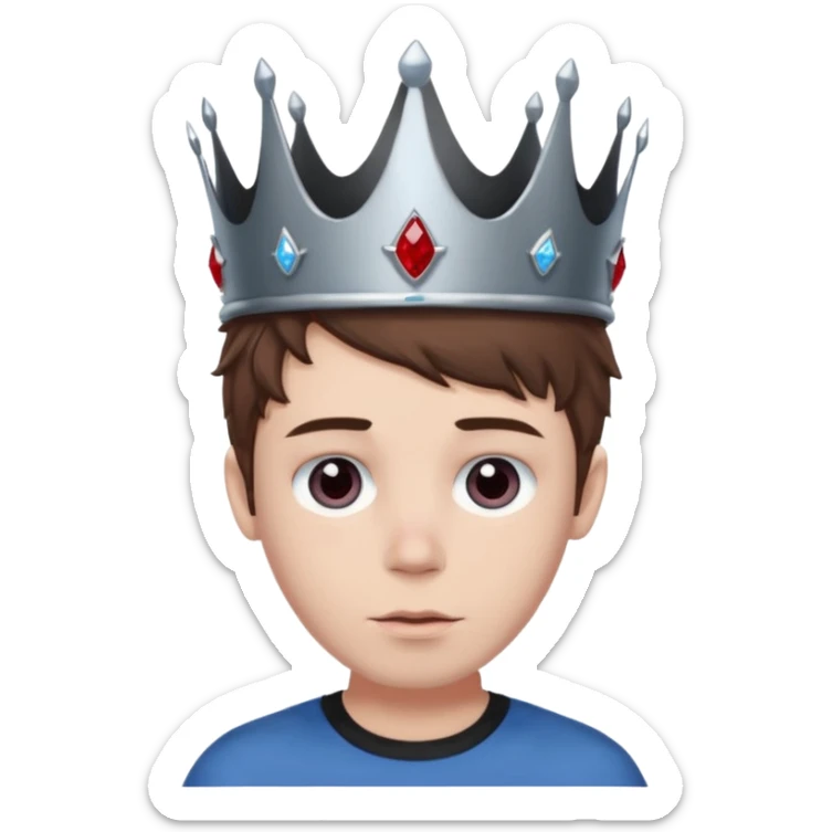 grey boy head with right eye blue and left eye red. he has messy brown hair and a silver crown with rubies on it sticker