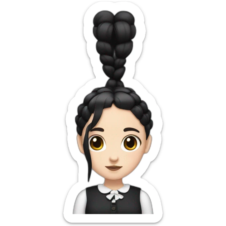 girl with dark hair and two braids and with dark brown eyes in Wednesday Addams style sticker