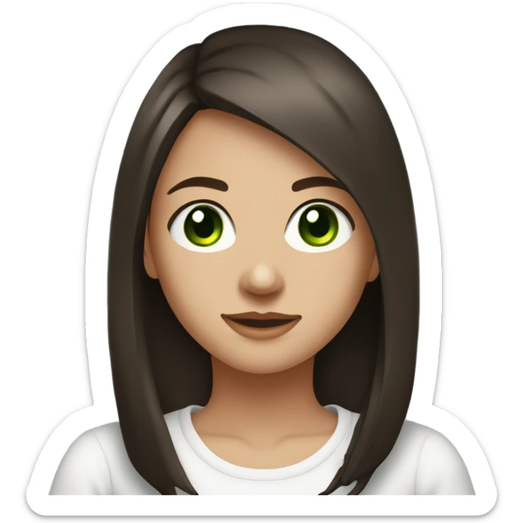very pretty teenage girl, around 17 years old, dark brown hair with long bob and green eyes, she is wearing a white t-shirt sticker