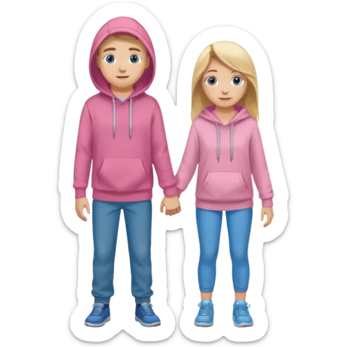 full-length happy couple, girl with long blonde hair and blue eyes in pink hoodie, boy with brown hair in gray hoodie sticker