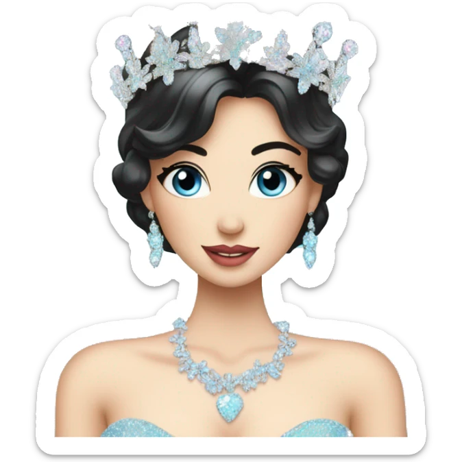 Gorgeous pastel Lady with black hair blue eyes in a sparkly shiny dress with tiara and necklace and flowers behind her and trending  sticker