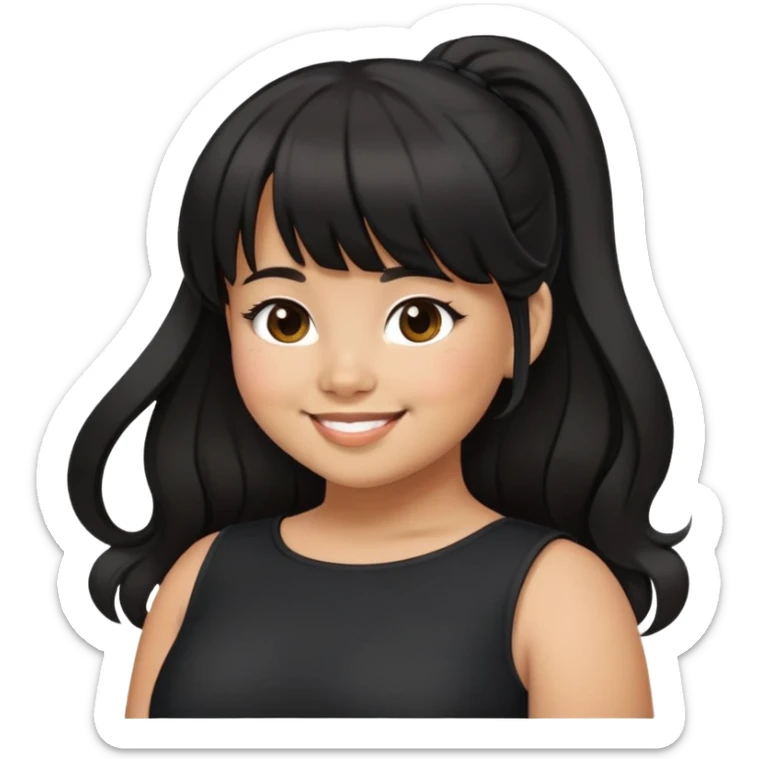 Latina girl with bangs black long hair in pony tail plus size black dress love sticker