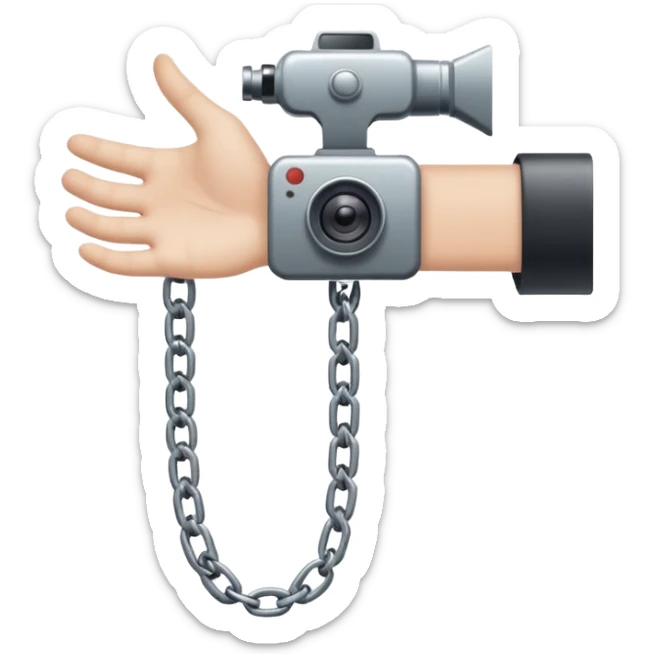 Minimalist emoji-style sticker of a human hand bound by a chain leading to a video camera. Icon-like, clean silhouette, muted tones. sticker