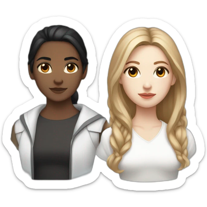 white skin girl with dark eyes and light brown long hair dressed in white with white girl with middle length black hair blue eyes very androgynous dressed in red sticker