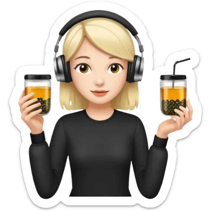 a young woman full length walks with headphones on with a caviar toast in one hand and herbal tea in the other hand sticker