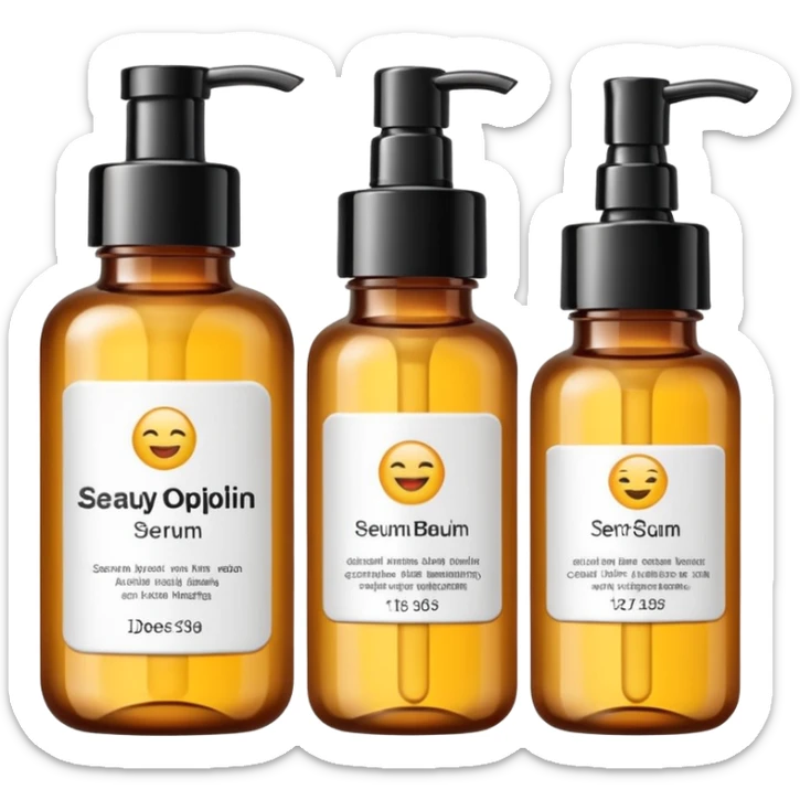 emoji of three beauty products (tube, serum, jar), wit labels, minimalistic but luxury design (realistic) sticker