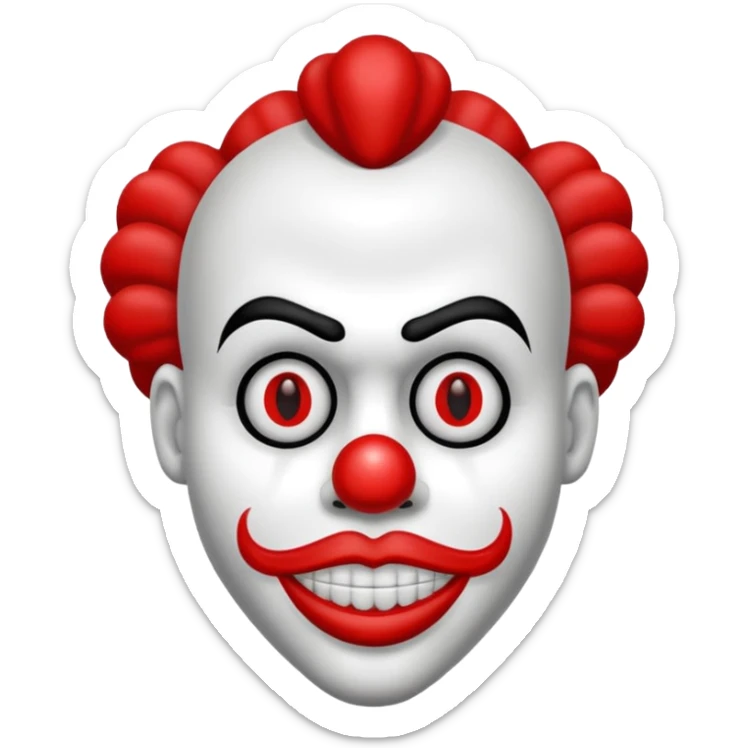 Crea un payaso con cara blanca sin pelo con cuernos negros y un traje rojo con negro sticker