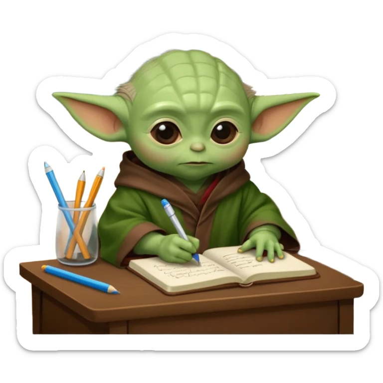 Baby Yoda con su tunica chocolate escribiendo en un cuaderno sobre un escritorio en un aula de clases sticker