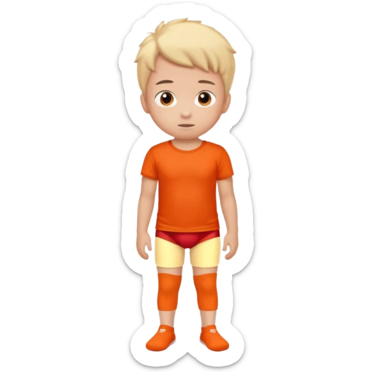 A kid wearing a red pooped underwear with a orange t-shirt looking back sticker