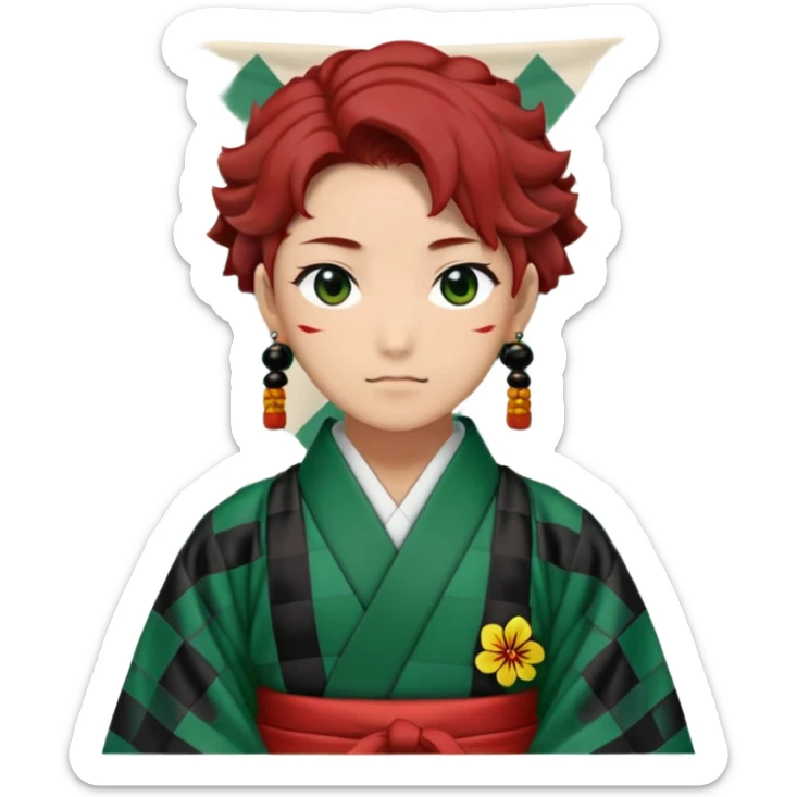 Tanjiro Kamado from Demon Slayer with black and green checkered haori and hanafuda earrings sticker
