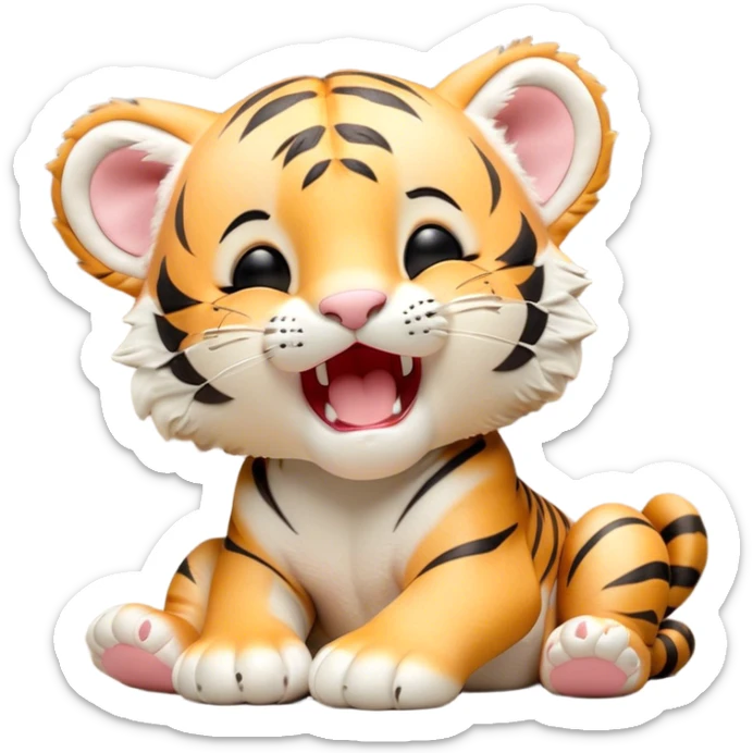 Cinematic Cute Yawning Tiger Cub Portrait Emoji, Head tilted slightly with a dramatic, wide-open yawn, showcasing a small, plush body with drowsy, half-closed eyes and an open, relaxed expression, Simplified yet irresistibly adorable features, highly detailed, glowing with a soft, cozy wild glow, high shine, relaxed yet expressive, stylized with a dash of whimsical jungle charm, soft glowing outline, capturing the essence of a drowsy yet affectionate tiger cub that appears ready to stretch out for a nap! sticker