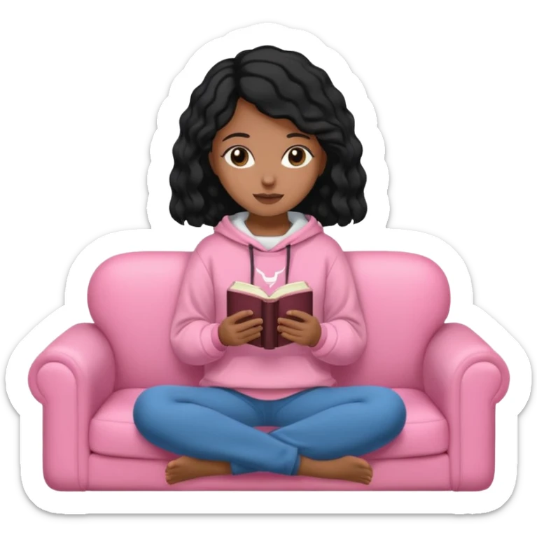 Una chica linda de cabello negro con ondas hasta los hombros de piel blanca con una sudadera rosa en un sofá cómodo y hermoso leyendo la biblia sticker