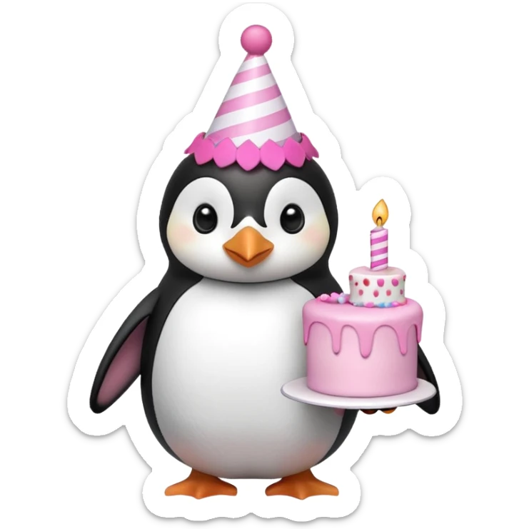 cute penguin with birthday hat hold a birthday pink cake in arms sticker