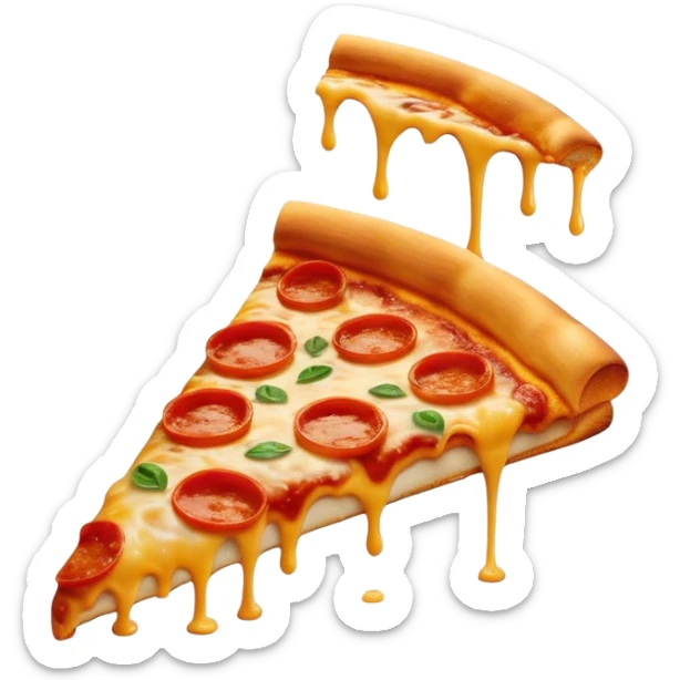 Cinematic cheesy pizza slice, gooey melted cheese stretching as a bite is taken, crispy golden crust, rich tomato sauce, vibrant toppings, warm glowing background, inviting and delicious. sticker