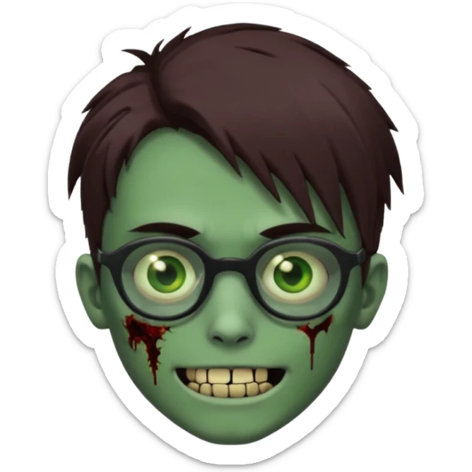 Zombie emo boy, green skin and brown hair and eyes, black glasses and a scary smile with a cut on the side, scars and blood under eyes sticker