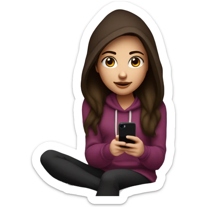 A cute girl with burgundy dark brown hair with red eyes on her iPhone 16 Plus on a couch with a purple hoodie and black leggings. Her hair is long and she has blue eyes. sticker