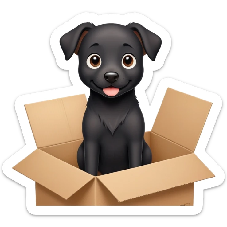  A very cute  young happy black dog with one's head tilted to one side poked its paws out of the cardboard big box and placed them on top of it sticker