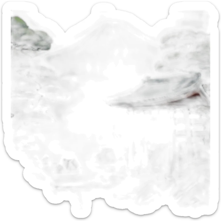 An island with a torii gate shinto shrine and small Japanese house with a blue tiled roof sticker