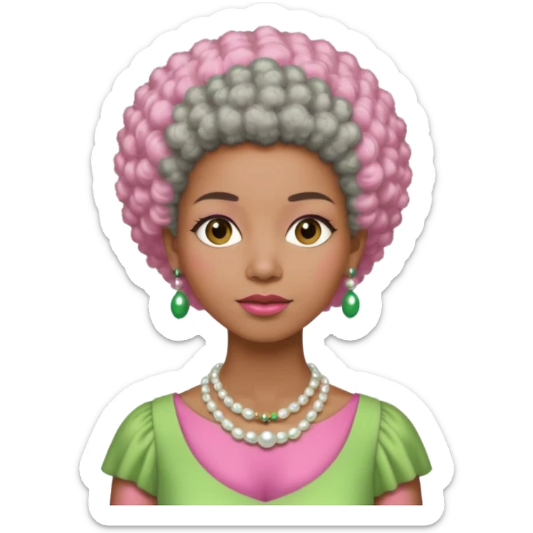 Brown woman with very short stylish gray Afro  wearing pink and green dress  and pearl necklace  sticker