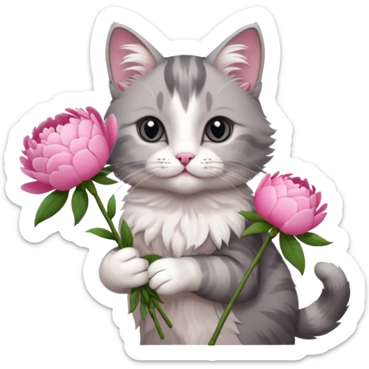 Cute cat Handing pink peonies like reaching a hand and handing them out a bouquet of them not a physical hand the cats hand  make the cat fluffy and grey and white fluffier make the cat wear a pink coquette make her wear a pink coquette make the peonies open and in boquette sticker