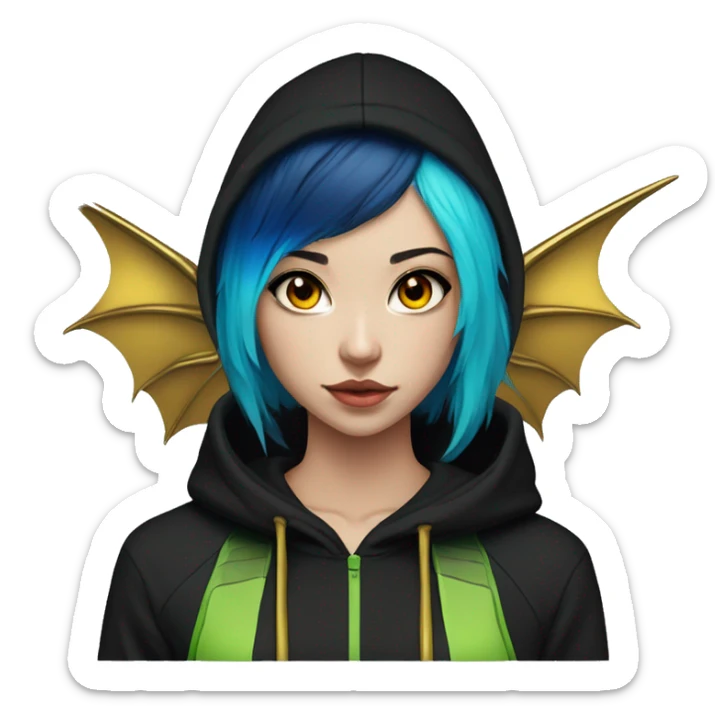 Lady with brunette and iridescent blue hair, gold, lime green dragon wings, black hoodie, bleach dyed, black and gold Nike t shirt, and bright red eyes sticker