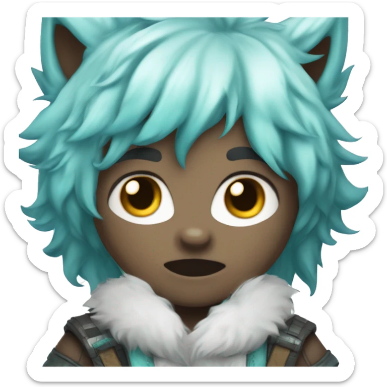 chibi white skin cyan hair boy with wolf ears happy with the thongue out sticker