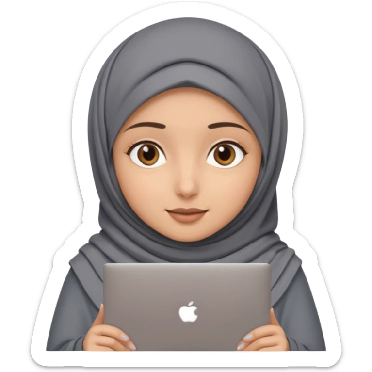 A girl wearing a gray hijab and with hazel eyes is carrying a laptop, not a laptop, just a regular laptop. sticker