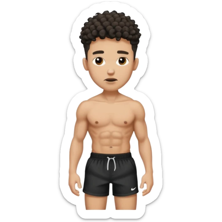 Ripped, athletic man with thick neck, high top fade with no part, curly hair only top only, no shirt and show waistline up, white male, black shorts and more man face sticker