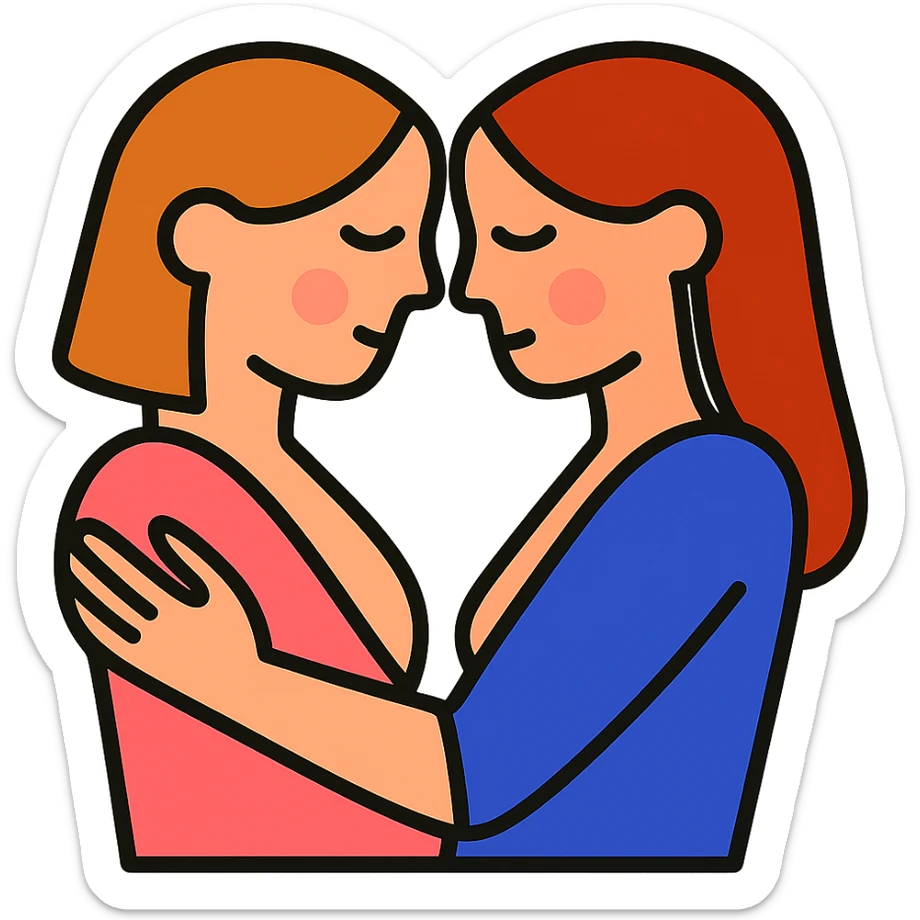 Add tasteful color accents to the icon of two women sharing intimacy, keep the lines clean and minimal, preserve transparent background. sticker