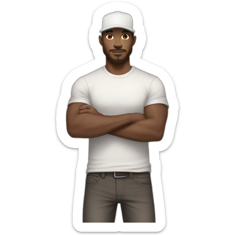 Pale skinned fit Man with dark brown hair in a light gray cap, dark brown jeans, brown polo and white T-shirt keeping a pasted with tape white box into his hands sticker