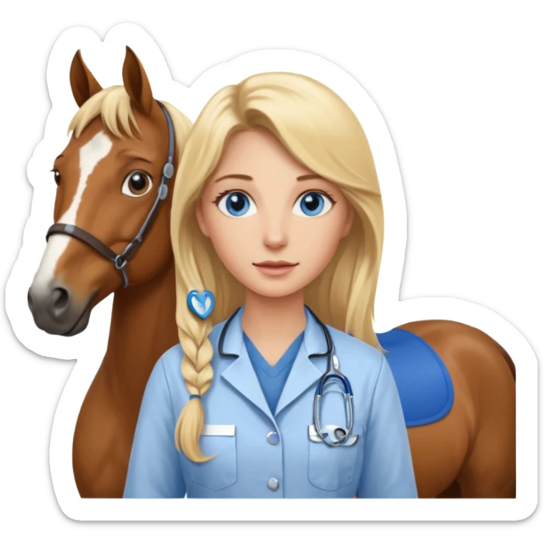 Femme blonde aux cheveux longs, aux yeux bleus, vétérinaire avec des chevaux sticker