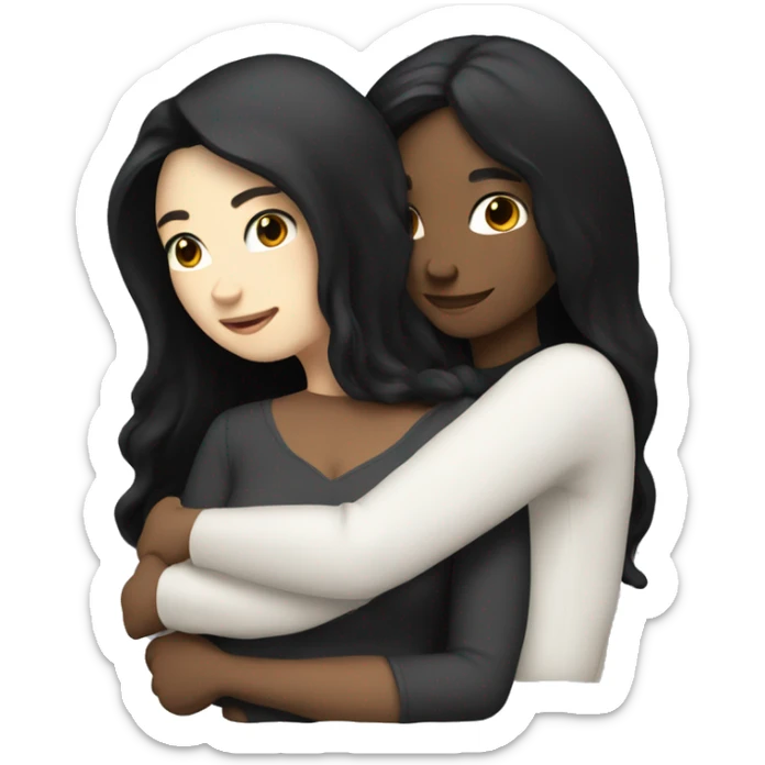 A lesbian couple with white skin and long black hair hugging intimately, and romantically. sticker