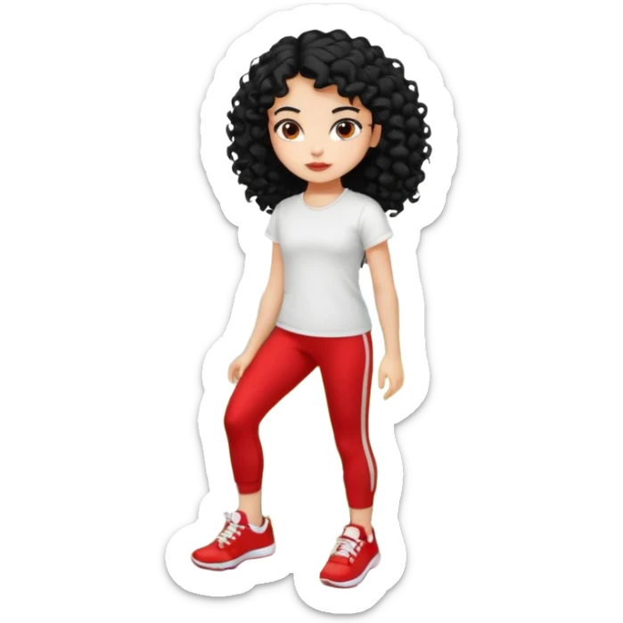 generate a pretty bratz fair skinned girl with curly black hair wearing a white tshirt trekking on a hill with red sneakers on and black leggings.  Put a hill behind her sticker