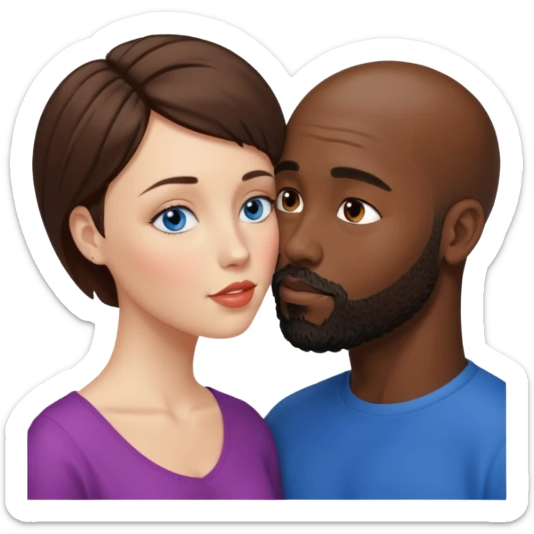 There is a white woman with short brown hair and blue eyes and a black man with no hair and a beard. The woman is giving a kiss to the forehead of the man sticker