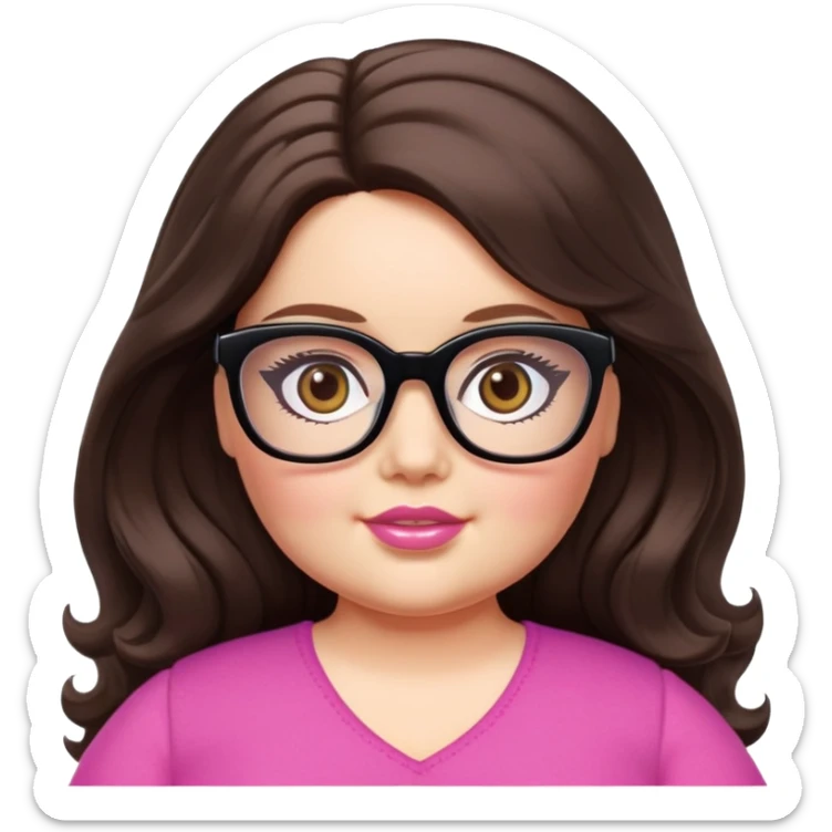  woman, long dark brown wavy hair, very light fair skin, hazel eyes, glasses, very chubby, barbie doll style,  sticker