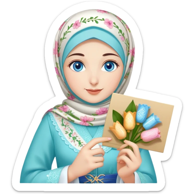 Turkish beautiful finish Konya girl blue eyes with lily floral hijab islamic dress and had on her hand text Eid Mubarak with sweets and celebrating with her friends eid days   sticker