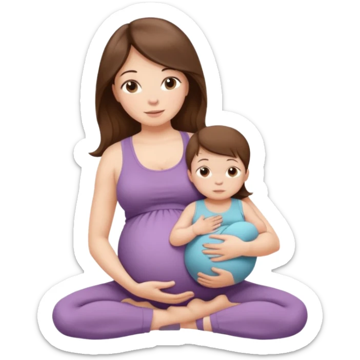 "Pregnant woman sitting in a yoga pose with long brown hair and fair skin, holding a newborn baby with short brown hair and fair skin." sticker