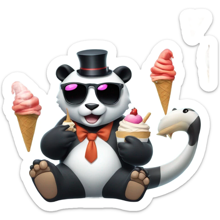 Cat with sunglasses sitting next to panda eating ice cream on top of a shark with a top hat sticker